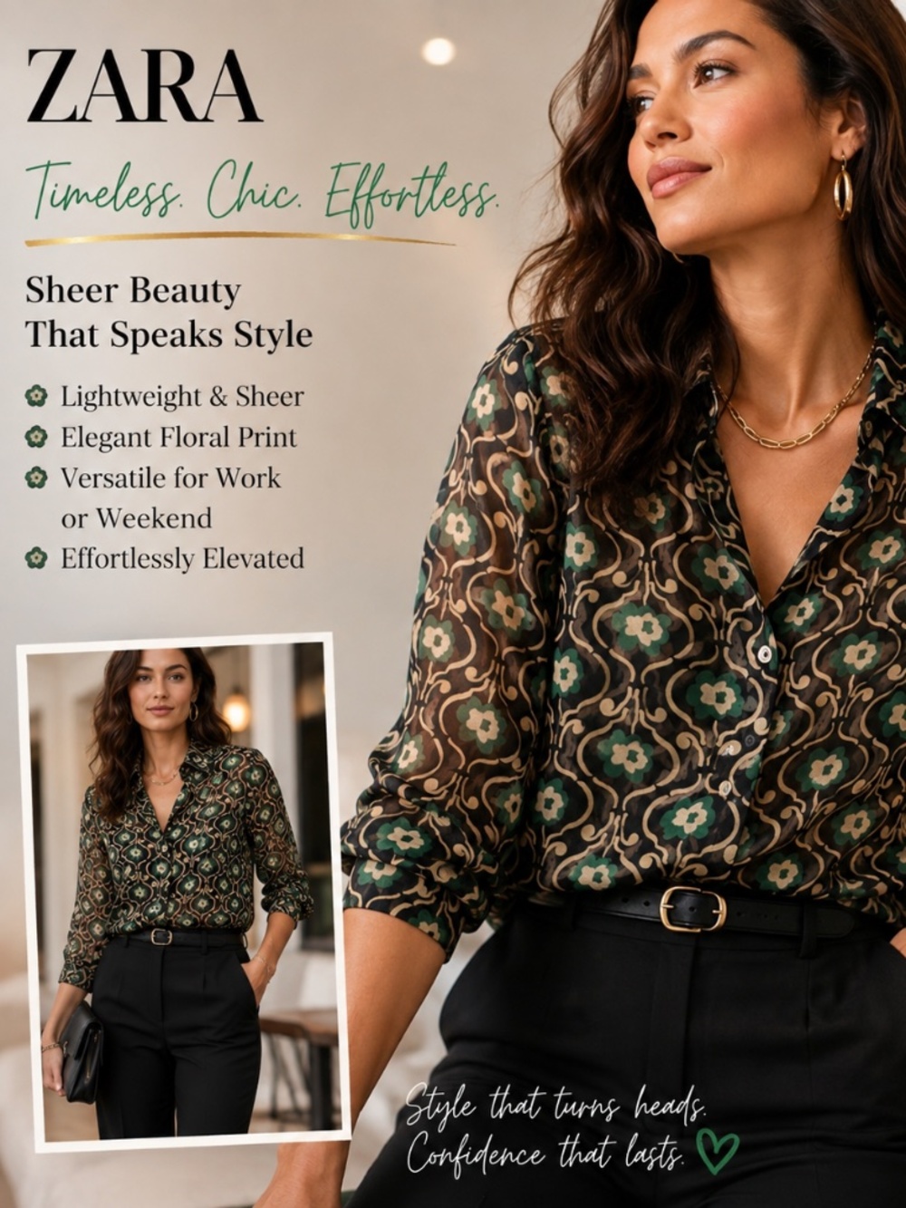 Zara Sheer Printed Button-Front Blouse | Women’s Medium | Black, Green & Tan | V